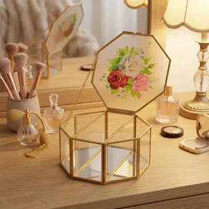 Geometric Glass Necklace Jewelry Box with Floral <b>Mirror</b> Lid Gold Frame Cosmetic Storage Organizer Decorative <b>Octagonal</b> Design - Product Image 1