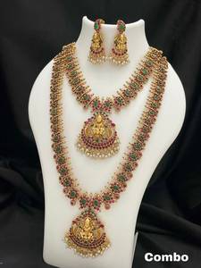 Traditional Temple Long Bridal Combo Necklace <b>Set</b> Alloy Gold Plated Zircon Earrings Vintage Wedding Engagement Anniversary Party - Product Image 1