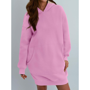 Sweat-shirt à capuche vert foncé pour femme, manches longues, épaules tombantes, couleur unie, pull décontracté, poches, tricoté, 100% coton, séchage rapide - Product Image 5