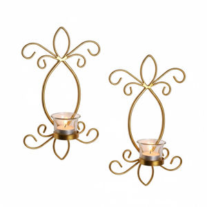 Juego de 2 candelabros de pared de metal dorado, portavelas vintage de hierro para colgar en la pared, para decoración del hogar y eventos. - Product Image 1