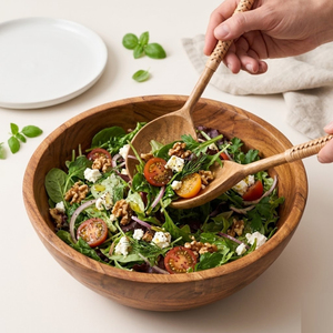 Hand-Carved Mango Wood Salad Servers with Rattan <b>Wrapped</b> Handles 2 Piece Eco-Friendly Wooden Serving Set for <b>Kitchen</b> & Farmhouse - Product Image 3