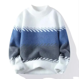 Pull en maille épaisse à motif géométrique bleu, noir et blanc, chaud pour l'hiver, manches longues, coupe classique – Grande Vente - Product Image 3