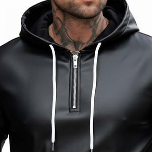 2026 New Arrival Custom Men's Hooded Leather Tracksuit Set <b>Zip</b> <b>Up</b> <b>Jacket</b> and Jogger Sportswear OEM Manufacturer - Product Image 4