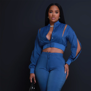 Wholesale <b>Women</b> 2 Piece Matching <b>Outfits</b> Long Sleeve Cold Shoulder Cropped Jacket High Waist Elastic Sweatpants Lounge Set - Product Image 4