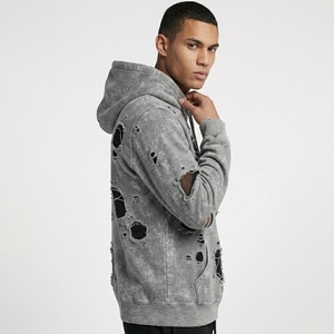 OEM Men's Autumn Waterproof Breathable Eco-Friendly Heavyweight Solid Pattern Cotton Fleece Acid Washed Distressed Front Hoodie - Product Image 4