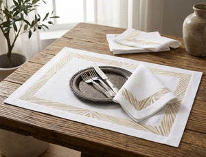 Embroidered Beige Geometric Pattern Customizable <b>Place</b> <b>Mat</b> Napkin Sets Cotton Machine Washable Luxury Style Home Wedding Use - Product Image 2