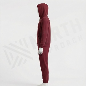 Men's <b>Maroon</b> Hooded Tracksuit Full Sleeve Solid Color Casual Sweatshirt and Pants Set with Front Logo and Side Pockets - Product Image 3