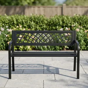 Banc de jardin en métal noir robuste avec dossier en treillis décoratif et assise à lattes pour terrasse extérieure, pelouse, parc, taille XL - Product Image 6