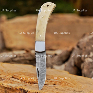 UA Supplies Industrial Grade Damascus Steel Back <b>Lock</b> Hunting Folding Knife 0.5mm Thick Camel Bone Handle Drop Point Razor Sharp - Product Image 3