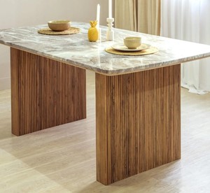 Ensemble de salle à manger rustique, table rectangulaire en bois massif avec 6 chaises, design de dossier solide, plateau en pierre frittée pour hôtel, appartement - Product Image 4