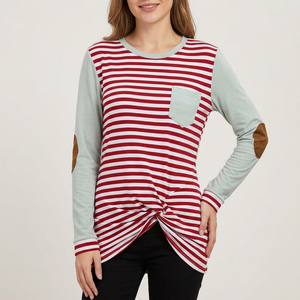 Vestido de punto de manga larga a rayas para mujer, con bolsillo y detalle de nudo, cuello redondo, ajuste holgado informal, de algodón y fibra de bambú - Product Image 5