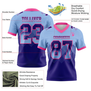 Maillot de football américain de haute qualité, élégant, dégradé bleu clair et bordeaux, personnalisé, manches courtes, forme carrée - Product Image 3
