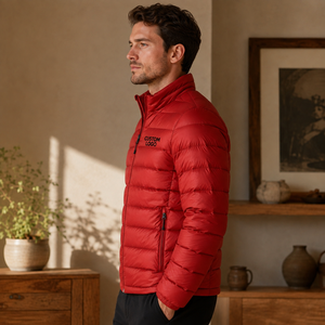 Blouson d'hiver décontracté pour homme, rouge, matelassé, coupe-vent, col montant, fermeture éclair, avec logo frontal, en polyester, vente en gros - Product Image 3