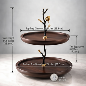 Plateau de service rustique à deux niveaux en bois de noyer avec tige sculptée en forme de branche noire et embout en forme de gland doré pour un service et des présentations modernes - Product Image 2