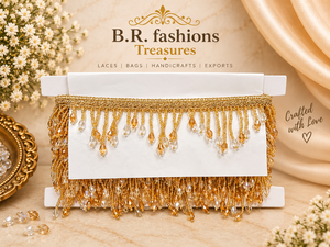 Cinta de encaje con cuentas doradas y borde de encaje tejido a mano con flecos de cristal para prendas, cortinas y decoración de bodas - Product Image 1