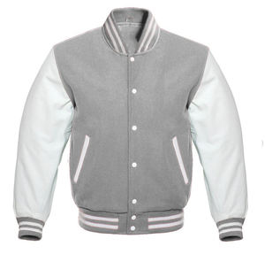 Veste universitaire grise Raindax Enterprises avec manches blanches et bordure côtelée, 100% laine, streetwear d'hiver pour hommes - Product Image 1