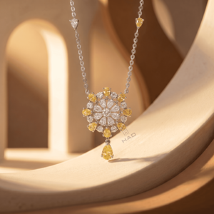 Collier pendentif floral en or blanc avec halo de diamants jaunes de culture en forme de poire, bijou de luxe, cadeau - Product Image 3