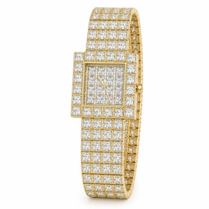 Reloj de pulsera de cuarzo analógico para mujer con diamantes cuadrados de aspecto lujoso y calidad premium, con brazalete de oro amarillo. - Product Image 4
