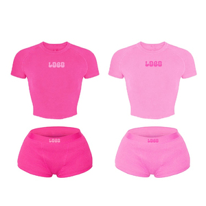 OEM ODM Custom Logo Women's Two Piece Strapless Casual <b>Set</b> Solid <b>Knitted</b> Polyester Cotton Summer Fashion Short Crop Top Shorts - Product Image 1