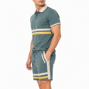 Men Striped Polo Shirt Shorts <b>Set</b> Casual Summer Breathable Cotton <b>Knitted</b> Activewear Fit Lightweight Comfort Fabric For Men - Product Image 3