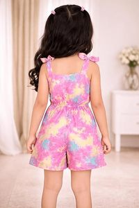 Combinaison sans manches pour filles, imprimé tie-dye, avec bretelles à nœuds, motif rose, jaune, bleu, respirante, en polyester, tenue avec short - Product Image 3