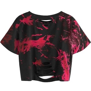 Wholesale Cropped Crop Womens T-shirts Workout Ladies <b>Distressed</b> Breathable Crop <b>Top</b> Tie Dye T Shirt Embroidery Printed SHIRTS - Product Image 6