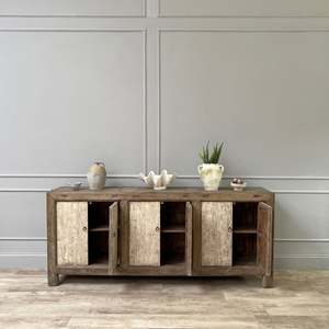 Antique Elm Cupboard Rustic <b>Wooden</b> <b>Storage</b> <b>Cabinet</b> Three Door Distressed Finish Farmhouse Sideboard Vintage Home Furniture - Product Image 3