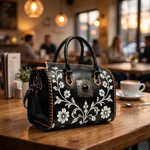 Sac à main en cuir de luxe pour femme, style vintage, motif cartes de créateur, avec chaînes décoratives et deux anses - Product Image 2