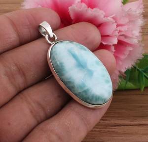 Natural Larimar Oval Pendant Handmade Sterling Silver Gemstone Necklace Boho Jewelry Ocean Blue Stone Gift For Women - Product Image 3