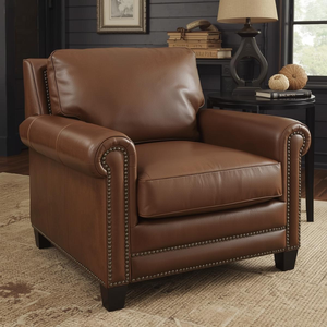 Traditional Genuine Cow Leather Armchair Upholstered Accent Sofa Rolled Arm Design Nailhead Trim Premium <b>Living</b> <b>Room</b> Furniture - Product Image 1