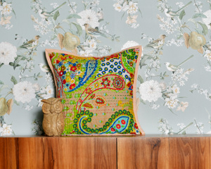 Handmade Embroidery Work Kantha Cotton Cushion <b>Pillow</b> Cover Throw Indian Floral Printed <b>Square</b> Traditional Ethnic Art Hotel - Product Image 3