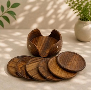 Handcrafted Floral Inlay Wood <b>Coaster</b> <b>Set</b> of 6 with Holder Round Wooden Drink <b>Coasters</b> for Coffee Table Luxury Home Decor Gift - Product Image 4