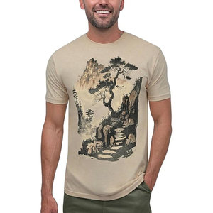 Men's Short Sleeve T-<b>Shirt</b> Chinese Style Hand-Painted Mountain Pine Tree Pattern O-Neck Regular Fit 100% Cotton Knitted - Product Image 1