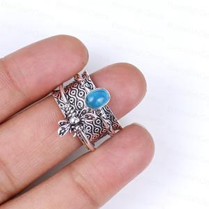 925 Sterling Silver Plated Bee Spinner Natural Blue Apatite Gemstone <b>Ring</b> Handmade Textured <b>Statement</b> Band Meditation <b>Ring</b> - Product Image 5