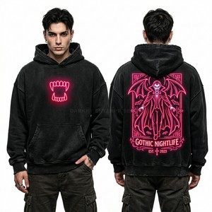 Sudadera con Capucha Personalizada con Estampado de Neón para Hombre, Negra, Lavado Ácido, Estilo Urbano, Gráfico de Colmillos de Vampiro, Sudadera de Felpa de Algodón Grueso - Product Image 1