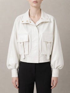 Women's Fashion White Faux <b>Leather</b> Jacket Casual Stand Collar Puff Sleeve Utility Cargo Jacket - Product Image 1