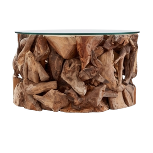 Table basse rustique en bois de teck rond fait main ARTERRA Premium avec plateau en verre pour salon - Product Image 5