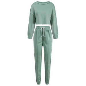 Women's 2-Piece <b>Knitted</b> Fleece Tracksuit <b>Set</b> O-Neck Crop Top Drawstring Pants Solid Color Casual Regular Mesh Winter 100% Cotton - Product Image 1
