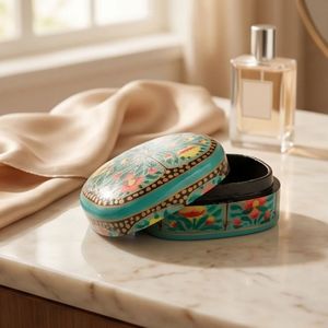 Boîte à bijoux artisanale indienne en papier mâché de Kashmir, couleur turquoise aqua, avec bouquet de roses, peinte à la main, de qualité supérieure - Product Image 1