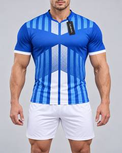 Camiseta de Fútbol Azul para Hombre, Cuello en V, Manga Larga, Estampado Geométrico Sublimado, Poliéster que Absorbe la Humedad, Personalizable con Nombre de Equipo - Product Image 1