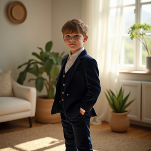 Ensemble de costume 3 pièces bleu marine pour garçons |   Blazer, gilet et pantalon formels |   Costume de mariage pour enfants |   Tenue de fête pour porte-anneau - Product Image 2