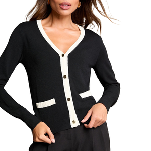 Cárdigan de Punto Negro de Lujo para Mujer, Color Sólido, Cierre de Botones, Cuello en V, Manga Larga, Elegante, para Todas las Temporadas - Product Image 3