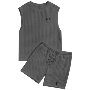 Mens Sleeveless Printed T Shirt Shorts <b>Set</b> Waffle <b>Knit</b> Summer Two Piece Outfit Breathable Lightweight Casual Loungewear - Product Image 4