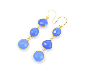 Boucles d'oreilles pendantes classiques et élégantes en calcédoine bleue, faites à la main, en laiton plaqué or 18 carats, pour mariage, fiançailles, femme - Product Image 2