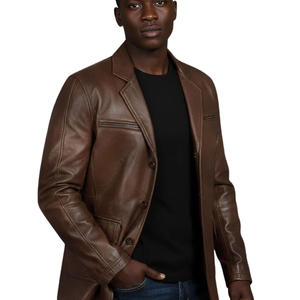 <b>Men's</b> Brown Genuine <b>Leather</b> <b>Blazer</b> Single Breasted Turn Down Collar Smart Casual Jacket - Product Image 3