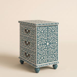 Mesita de Noche Premium con Incrustaciones de Hueso en Verde Azulado, con 3 Cajones, Gabinete de Almacenamiento Floral Hecho a Mano con Diseño Moderno - Product Image 4