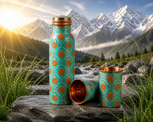 Ensemble de bouteilles en cuivre Meena colorées avec un verre assorti, ensemble cadeau de vaisselle ayurvédique - Product Image 1