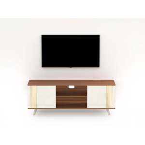 Meuble TV Harmond Walnut & Frosty pour salon avec étagères de rangement ouvertes et fermées - Product Image 1