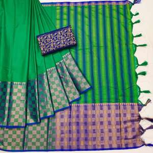 TRADICIONAL ALGODÓN SEDA JACQUARD FRONTERA TRABAJO SAREE CON BLUSA DESCOSADA VERDE - Product Image 1