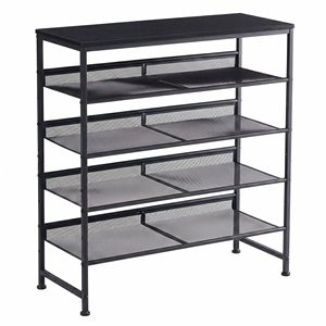 Étagère à chaussures réglable à 5 niveaux, imperméable, avec étagères en métal à mailles fines et plateau en bois, organisateur d'entrée autoportant, noir - Product Image 2